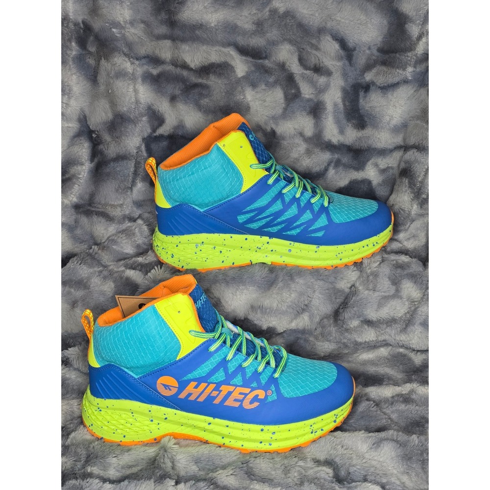 NWB HI-TEC Destructor Logo Mid Blue Aqua‎ Yellow Hiking Trail Shoes size 10.5